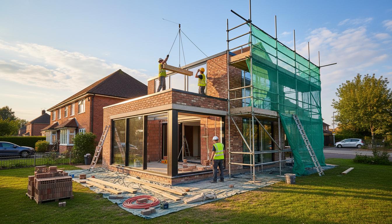 Professional builder working on house extension